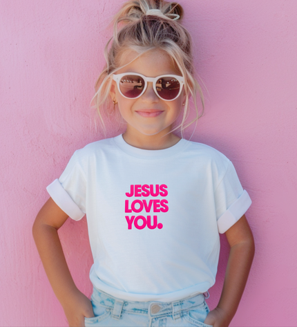 Jesus Loves You Neon Pink Puff T Shirt (Youth)