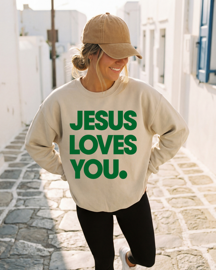 Jesus Loves You 3D Green Bubble Crew neck