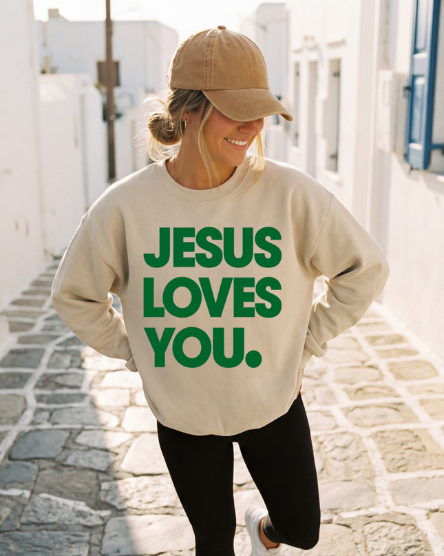 Jesus Loves You 3D Green Bubble Crew neck